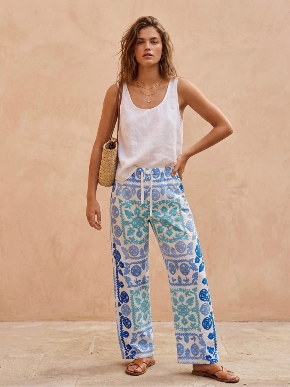 🌊 ZARA Blue White Tile Print Wide Leg Drawstring Resort Pants XL